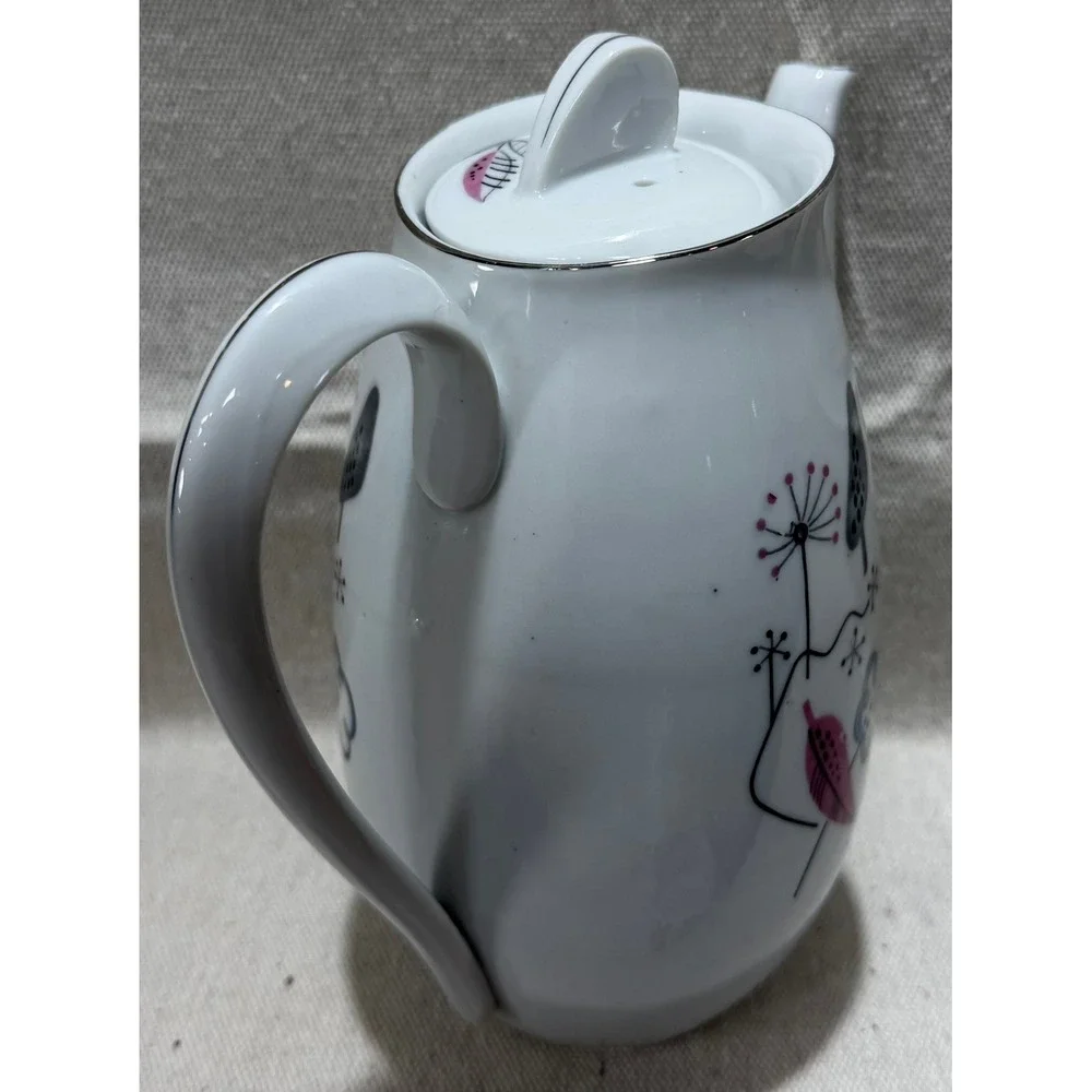Royal Grace Japan Fine China Teapot 1950s MCM Atomic Botanical Pink Blue White
